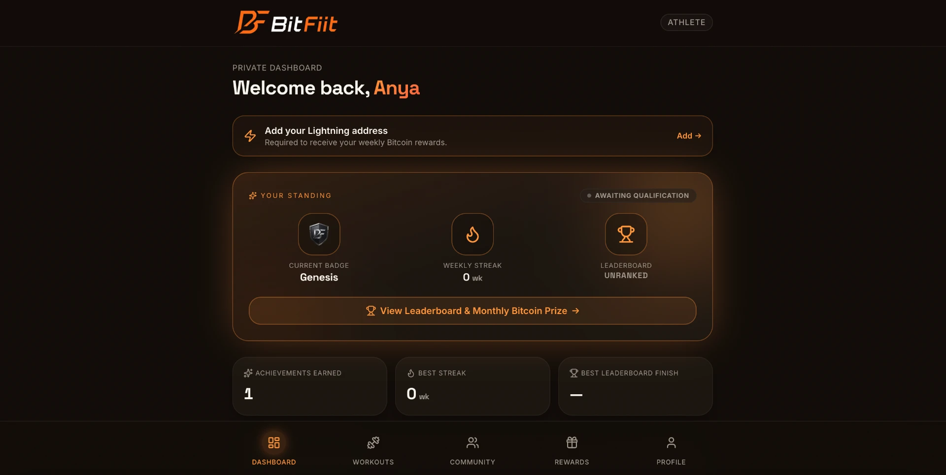 BitFiit athlete dashboard showing streaks, badges and Bitcoin rewards